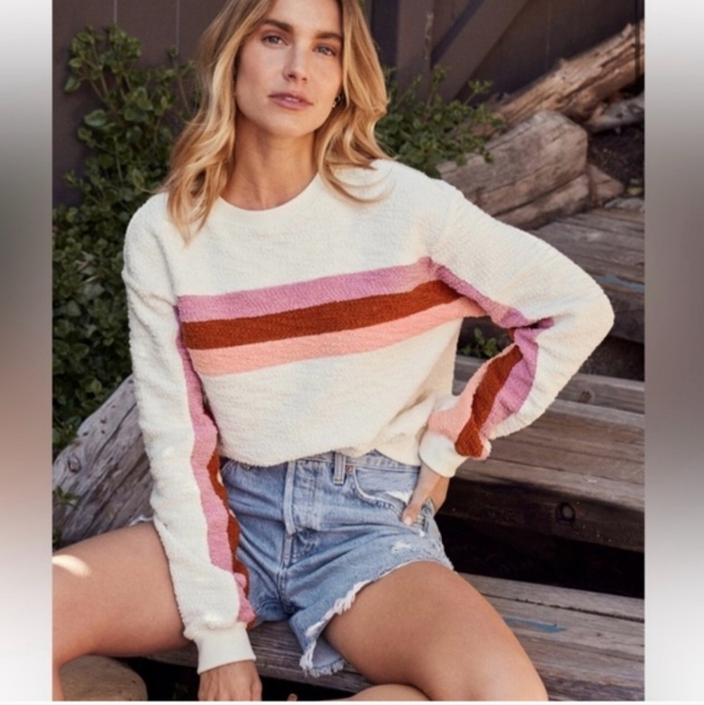 Faherty Cream Crewneck Sweater with Pink and Rust Chevron Stripe - Picture 2 of 14